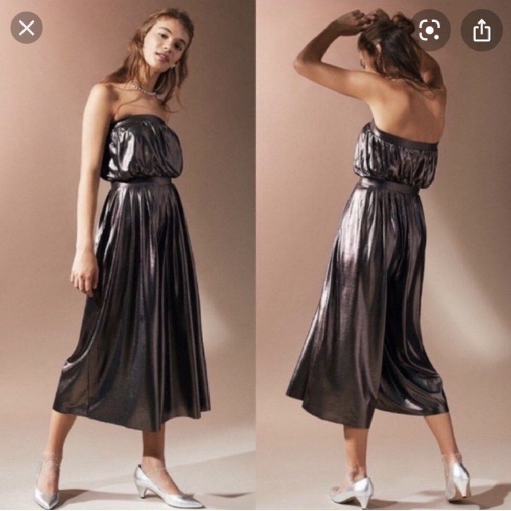 Urban Outfitters Bronze Metallic Strapless Jumpsuit Wide Leg Pleated Size S